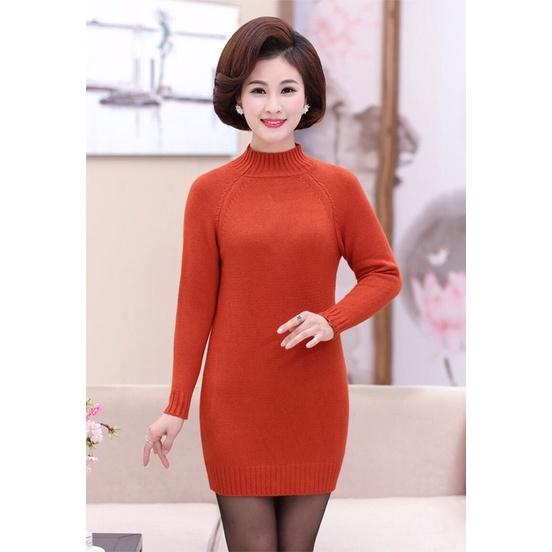 Áo len nữ trung niên dáng dài, váy len body dáng ngắn cổ cao cho bà cho mẹ