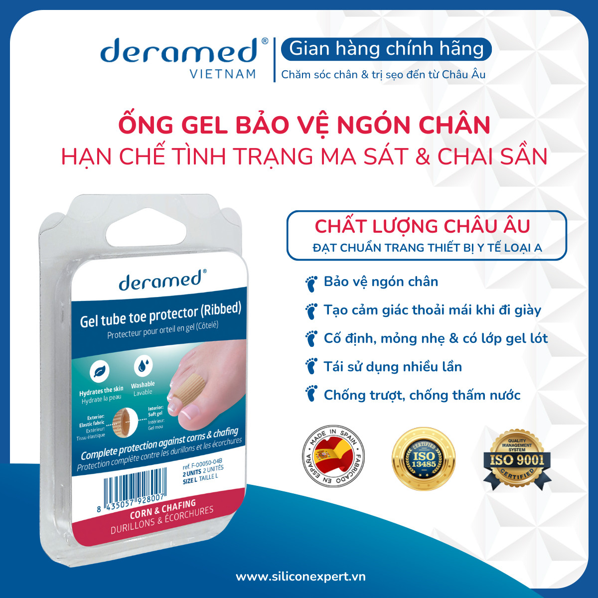 ỐNG GEL BẢO VỆ NGÓN CHÂN KHỎI MA SÁT &amp; CHAI SẦN DERAMED ÊM ÁI VÀ GIẢM ĐAU TỨC THÌ - 1 CẶP - NHẬP KHẨU, SẢN XUẤT TẠI TÂY BAN NHA