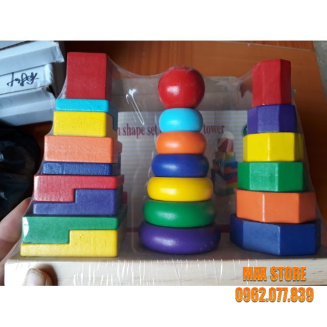 Tháp Xếp Chồng 3 Cọc Bằng Gỗ Các Hình Khối