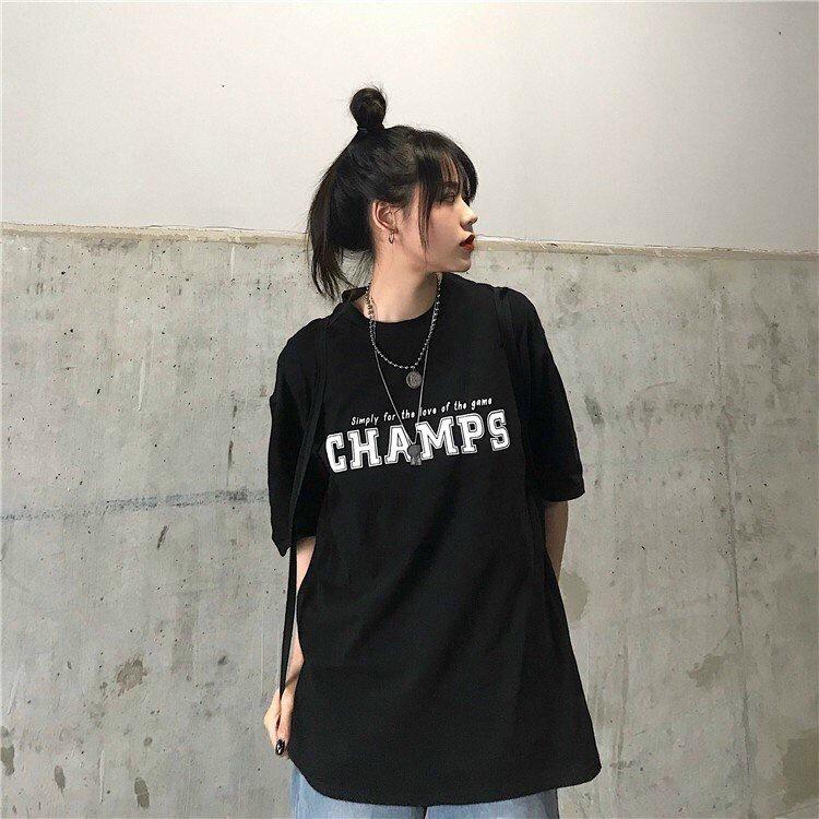 Áo thun nữ cotton 4 chiều co giản in chữ CHAMPS cá tính năng động trẻ trung,Áo thun unisex nam nữ WinBeen dáng rộng vải cotton mát in chữ CHAMPS