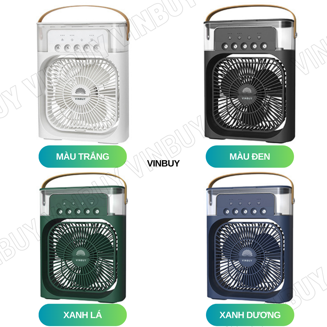 Quạt điều hòa hơi nước mini làm mát không khí để bàn nhỏ gọn, phun sương mạnh nhiều chế độ có bình đựng nước, nốt chạm cảm ứng, pin sạc tích điện, có đèn - Hàng chính hãng VinBuy