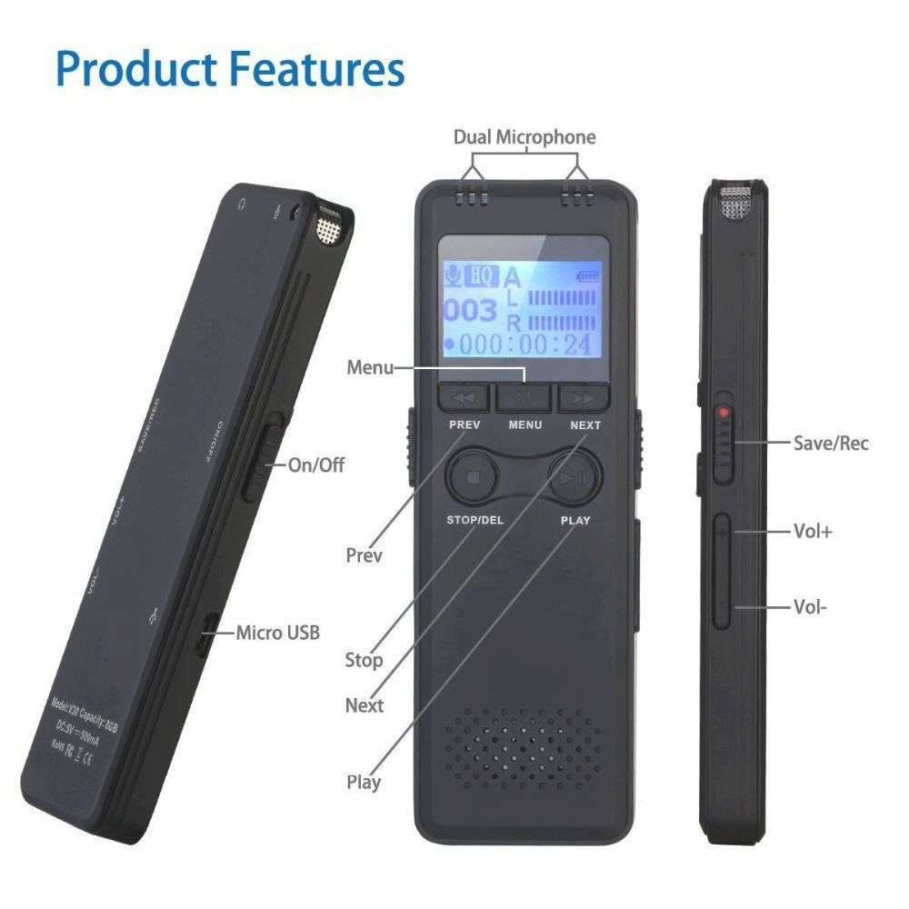 Quà Tặng Kèm - Máy Ghi Âm, Thiết Bị Ghi Âm Cao cấp GH700 Pin Trên 300h Hỗ Trợ 2 Micro Ghi Âm. MP3 Player, Digital Voice Recorder with Built-In Stereo Microphones, Direct USB, Voice Balancer, Noise Cancel, Simple Mode, Intelligent Auto Mode and 8GB Memory