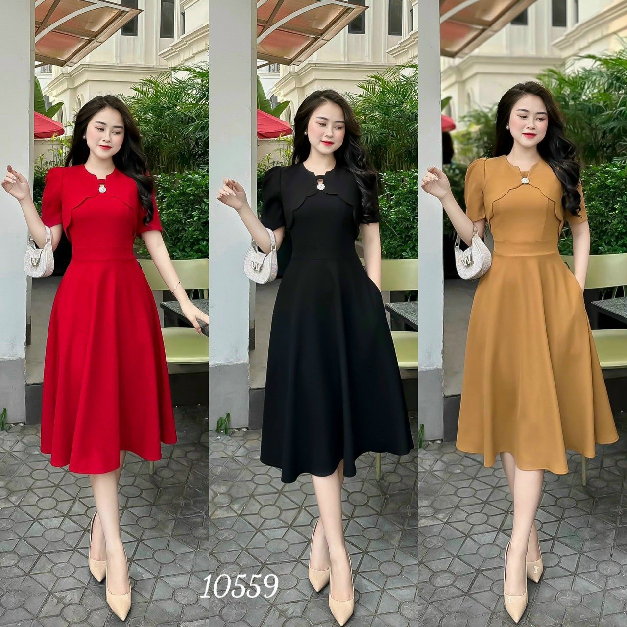 Đầm váy nữ dự tiệc dạo phố cổ vuông cách điệu ngực đỏ đen nâu thanh lịch