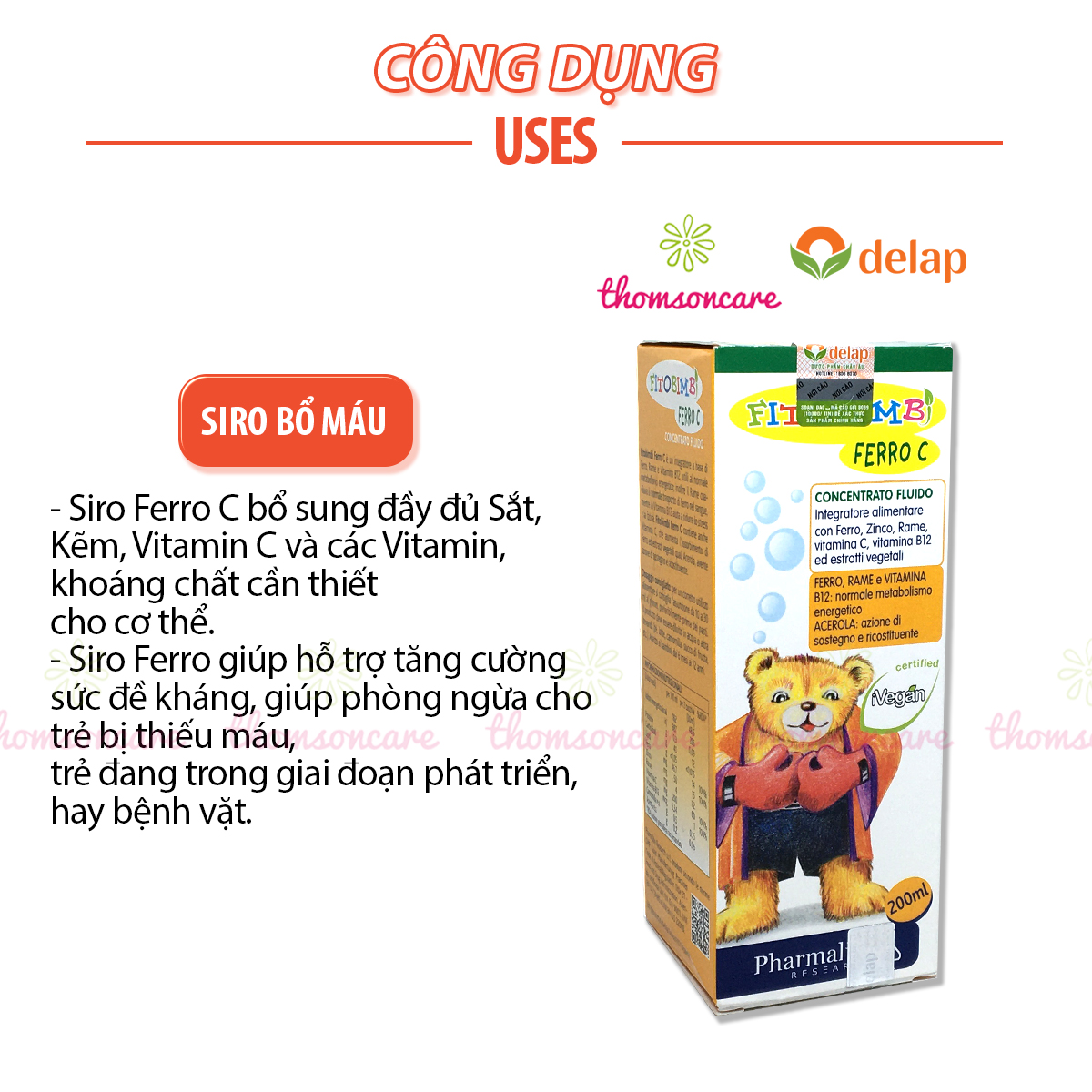 Siro Ferro C Bimbi - Bổ sung sắt, vitaminC, kẽm cho bé -  Của Fitobimbi, nhập khẩu từ Ý