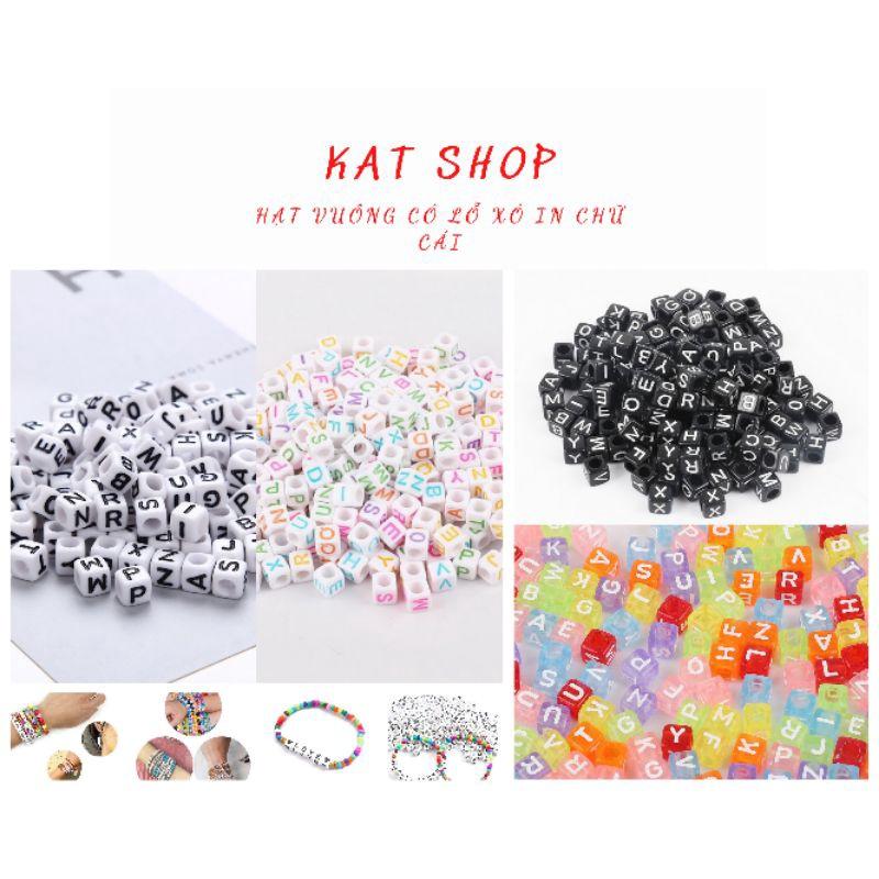 Set 100 hạt vuông có lỗ xỏ in chữ cái tiếng Anh làm phụ kiện DIY