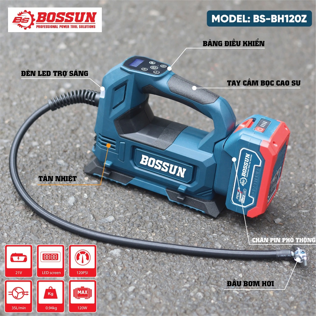 Máy bơm hơi pin BS BOSSUN BS-BH120Z Áp suất 120PSI, Vừa dùng điện xe hơi vừa dùng pin chân phổ thông