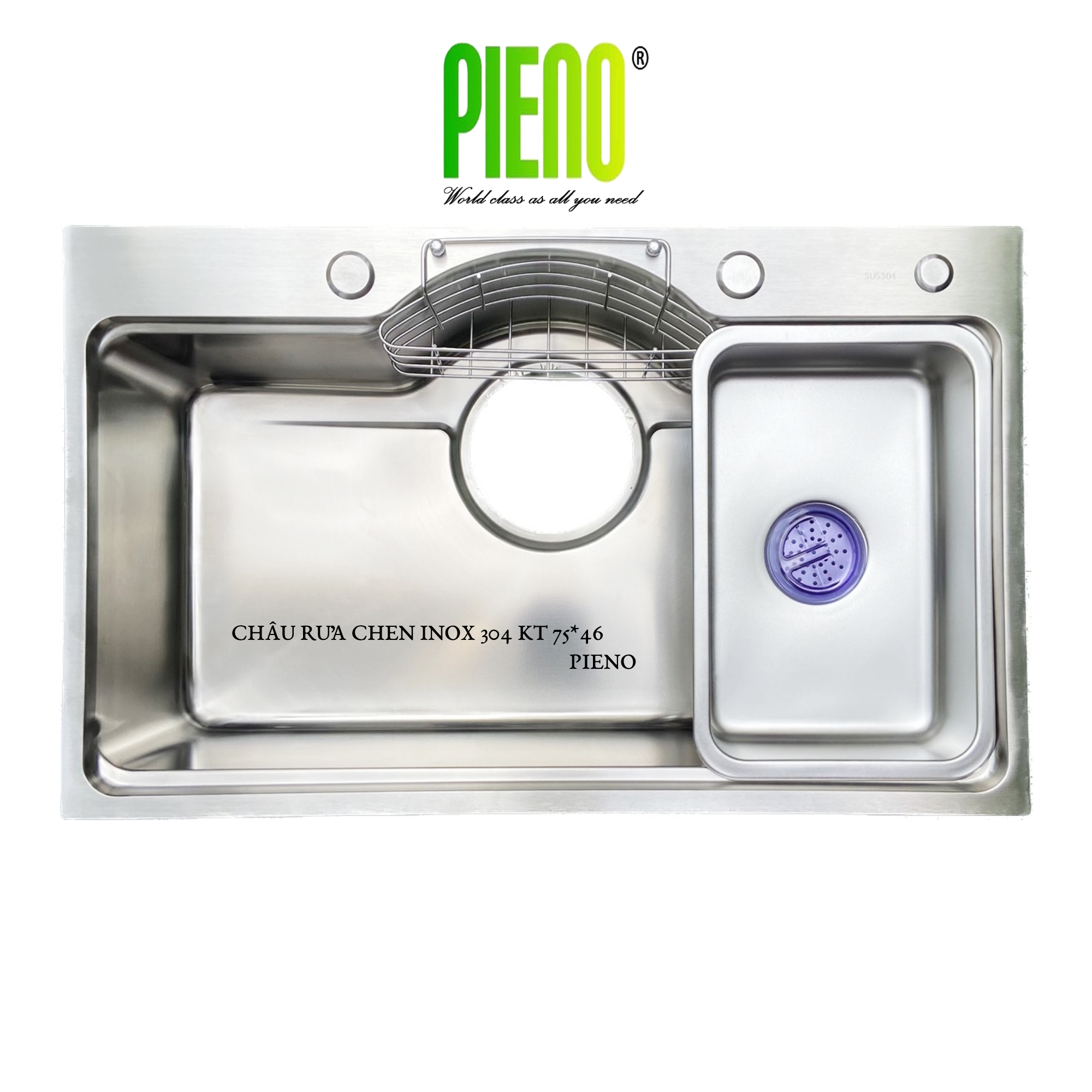 Chậu rửa chén inox 304 1 hố bán nguyệt kích thước 75x46 full phụ kiện PIENO