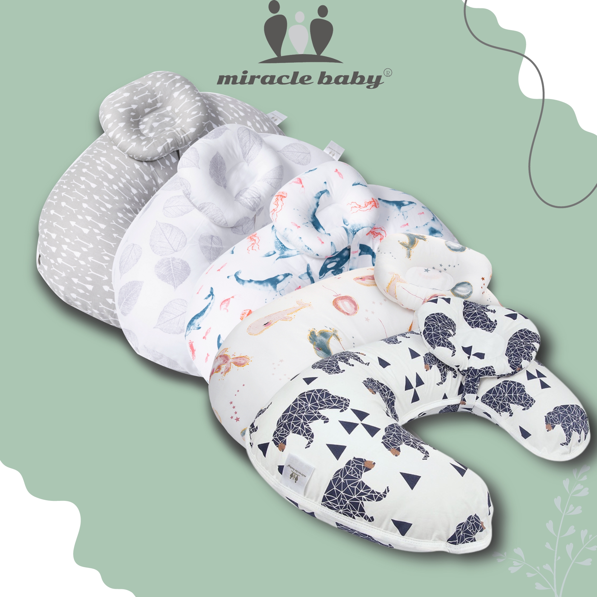 Gối chữ U cho bé nằm bú Miracle Baby tập ngồi chống sặc , hỗ trợ đệm lưng cho mẹ chất liệu Cotton , bông PP mềm mại khô thoáng cho bé( kèm gối nhỏ)