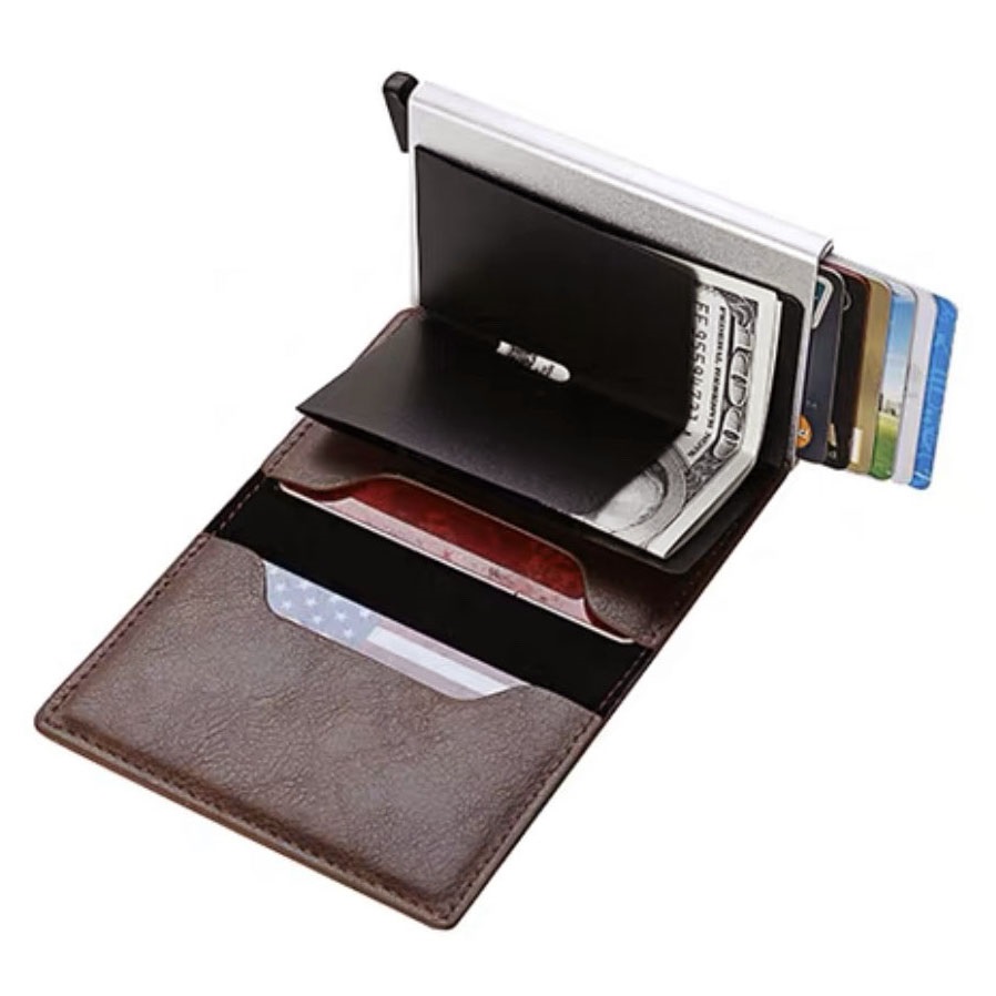 Bóp ví nam đựng thẻ tín dụng, GPLX, CCCD, Card,... có lẫy tự động tích hợp công nghệ chống trộm thông minh RFID