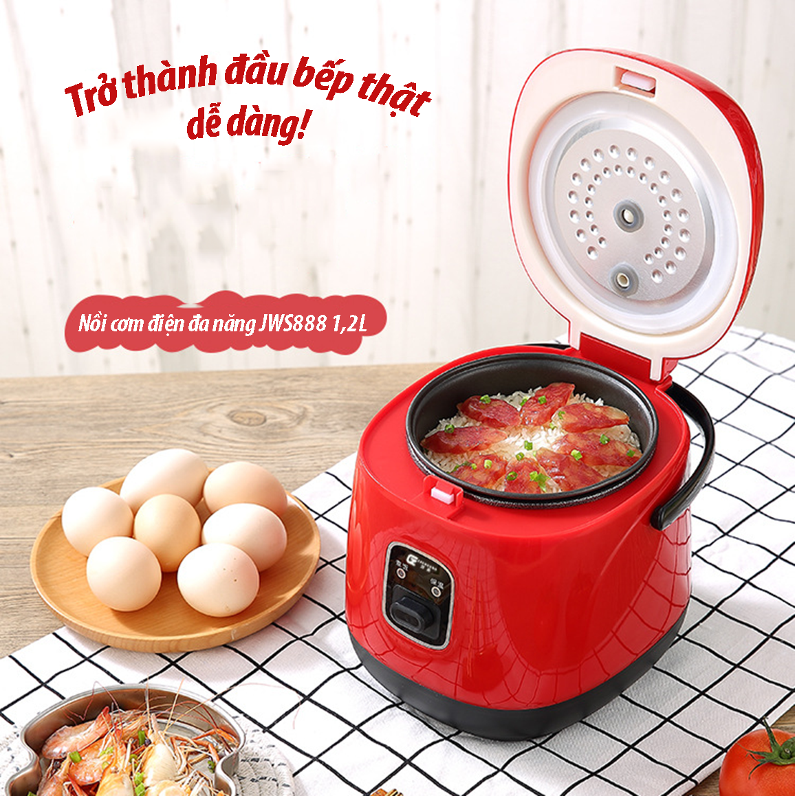 Nồi cơm điện đa năng mini JWS-888 nấu cơm, cháo, súp, làm bánh, ... 1,2L kiểu dáng Hàn Quốc