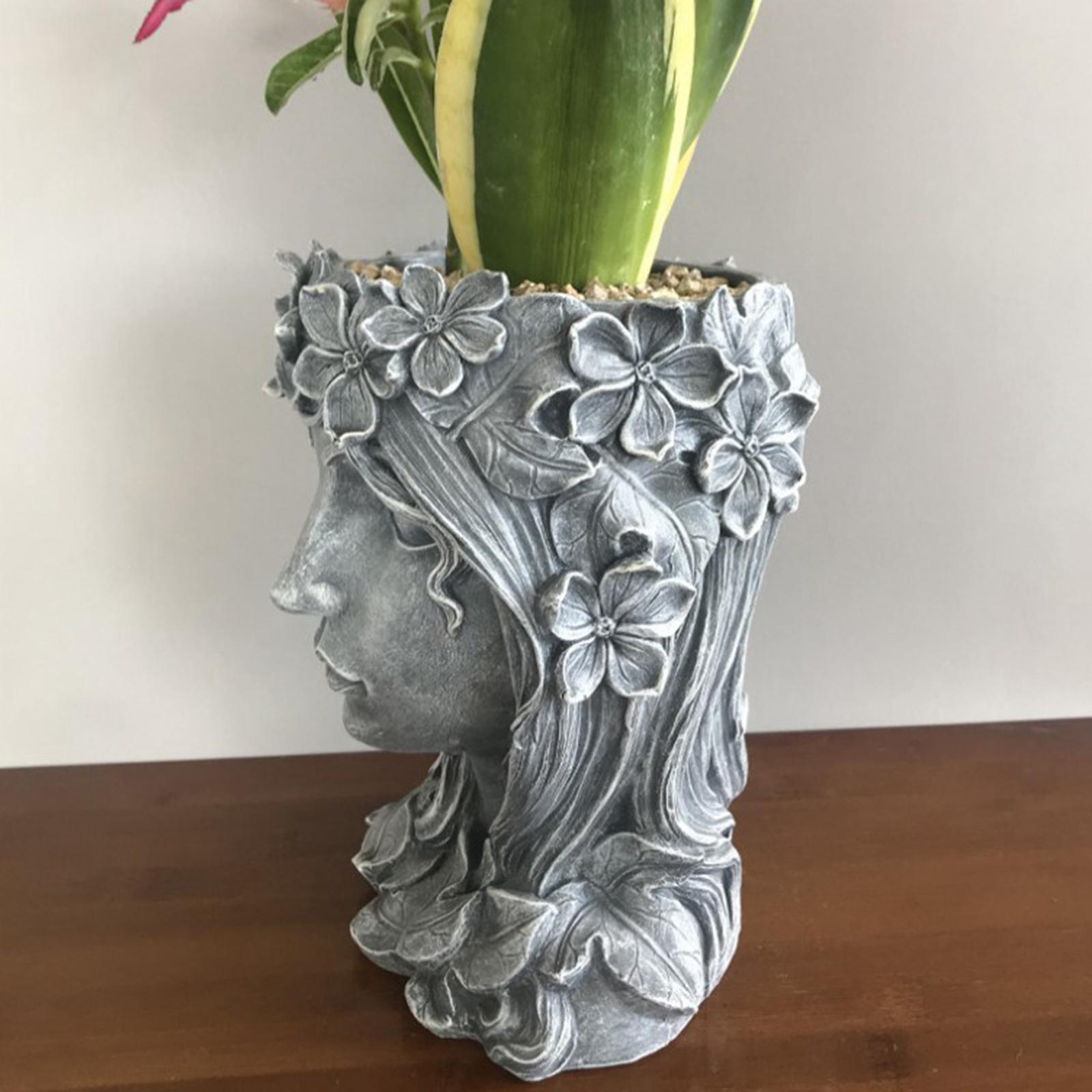 Face Sculpture Succulent Cactus Head Flowerpot Plant Pots Containers Gray