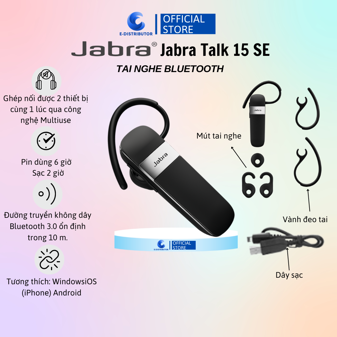 Tai nghe Bluetooth Jabra Talk 15 Xám Đen - Hàng Chính Hãng - Bảo Hành 12 Tháng