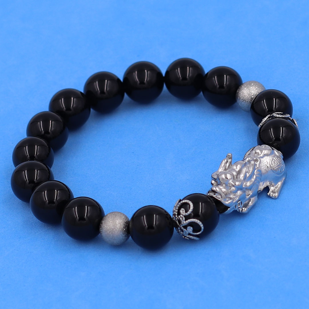 Vòng chuỗi đeo tay đá thạch anh đen 12 ly charm tỳ hưu inox, bi inox, khía bông inox, vòng tay phong thuỷ