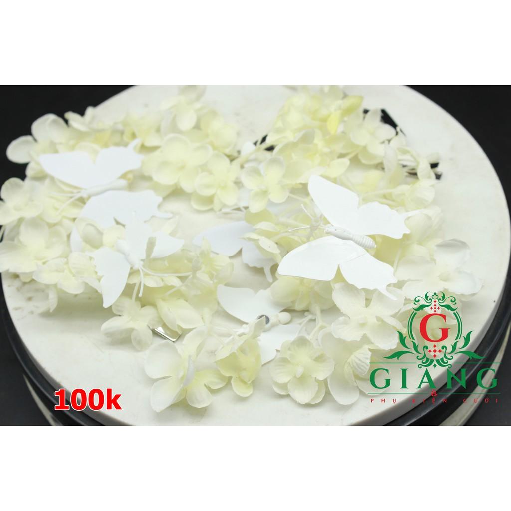 Bộ hoa cài tóc cô dâu kèm bướm trắng cẩm tú cầu vải