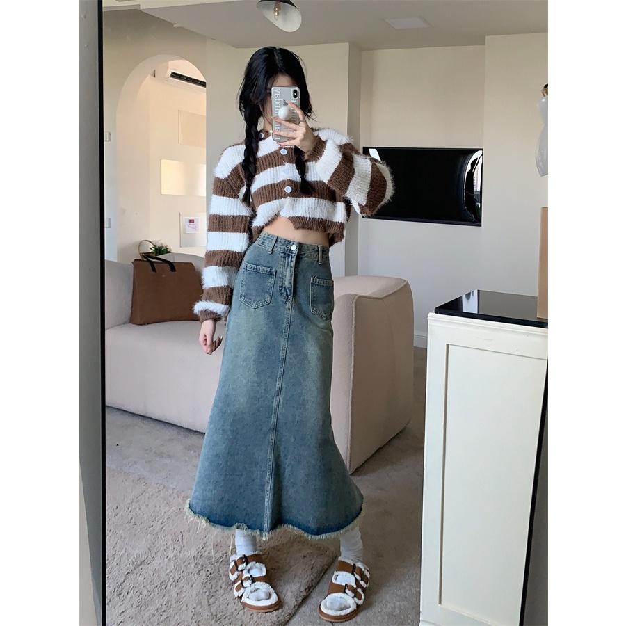 Chân váy jean đuôi cá EMIX, ulzzang, dáng dài midi, cạp cao, 2 túi trước phong cách hàn quốc 6832