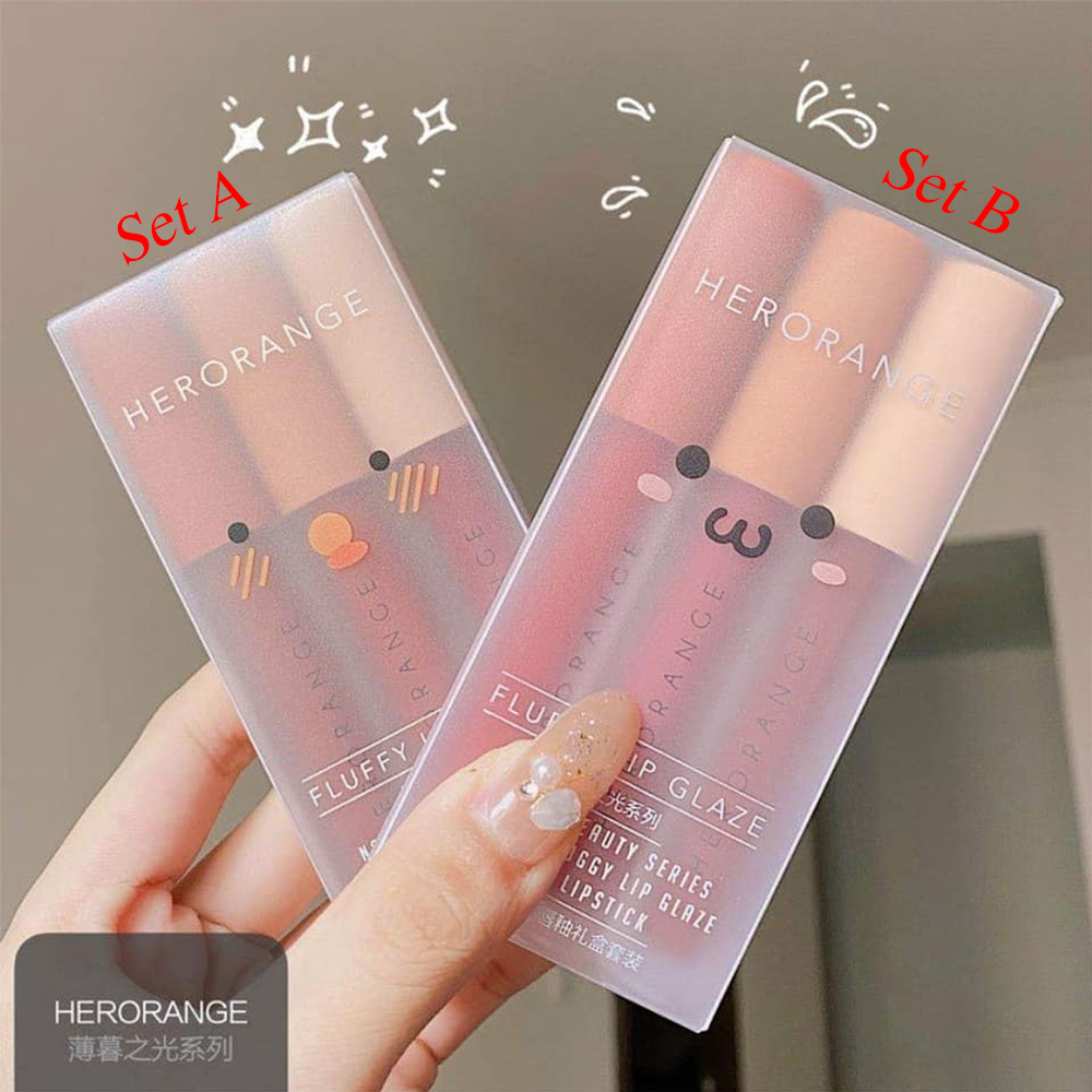 Son Kem Lì HERORANGE Siêu Xinh Mềm - Mịn Mượt - Lâu Trôi - An Toàn Fluffy Lip Glaze SET 3 Cây - Set A &amp; B - Hàng AUTH