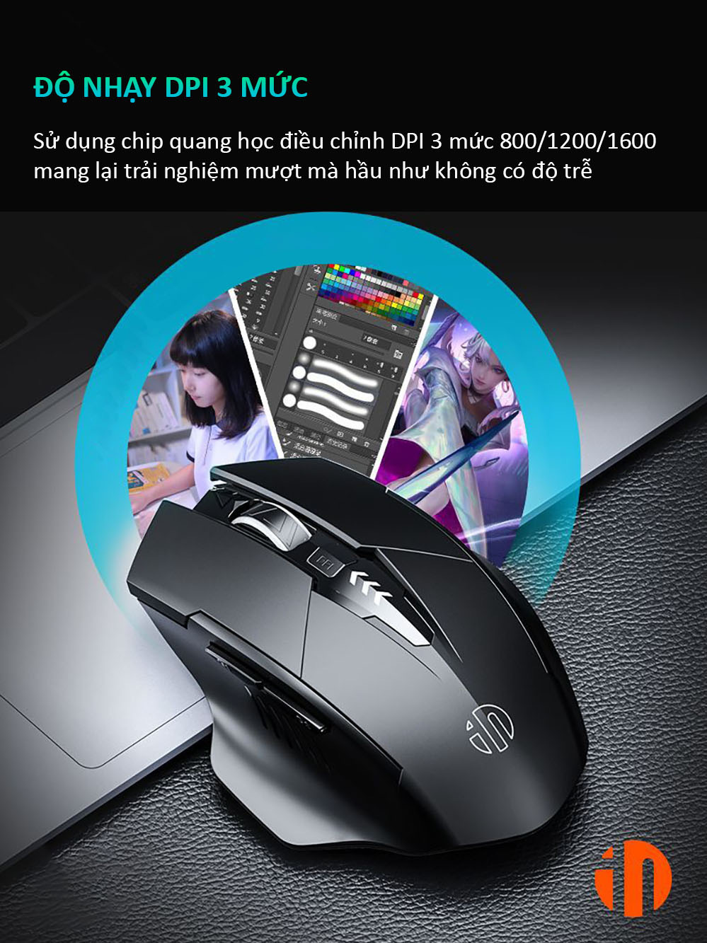 ￼Chuột gaming không dây bluetooth sạc pin TEKKIN INPHIC M6P cho game thủ chơi game chuyên nghiệp kết nối Wireless 2.4G - hàng chính hãng