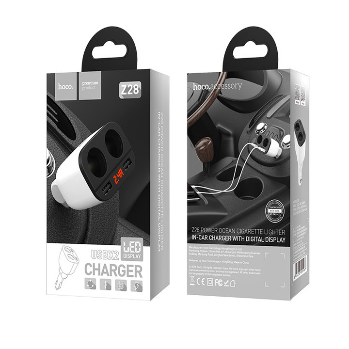 Bộ chia tẩu sạc dùng cho ô tô, xe hơi nhãn hiệu Hoco Z28 với 2 lỗ tẩu sạc kết hợp 2 cổng USB, Đầu vào: DC12 - 24V, Tổng đầu ra 2 cổng USB: DV5V/3.1A Max, Đầu ra 2 lỗ tẩu sạc: 80W Max.