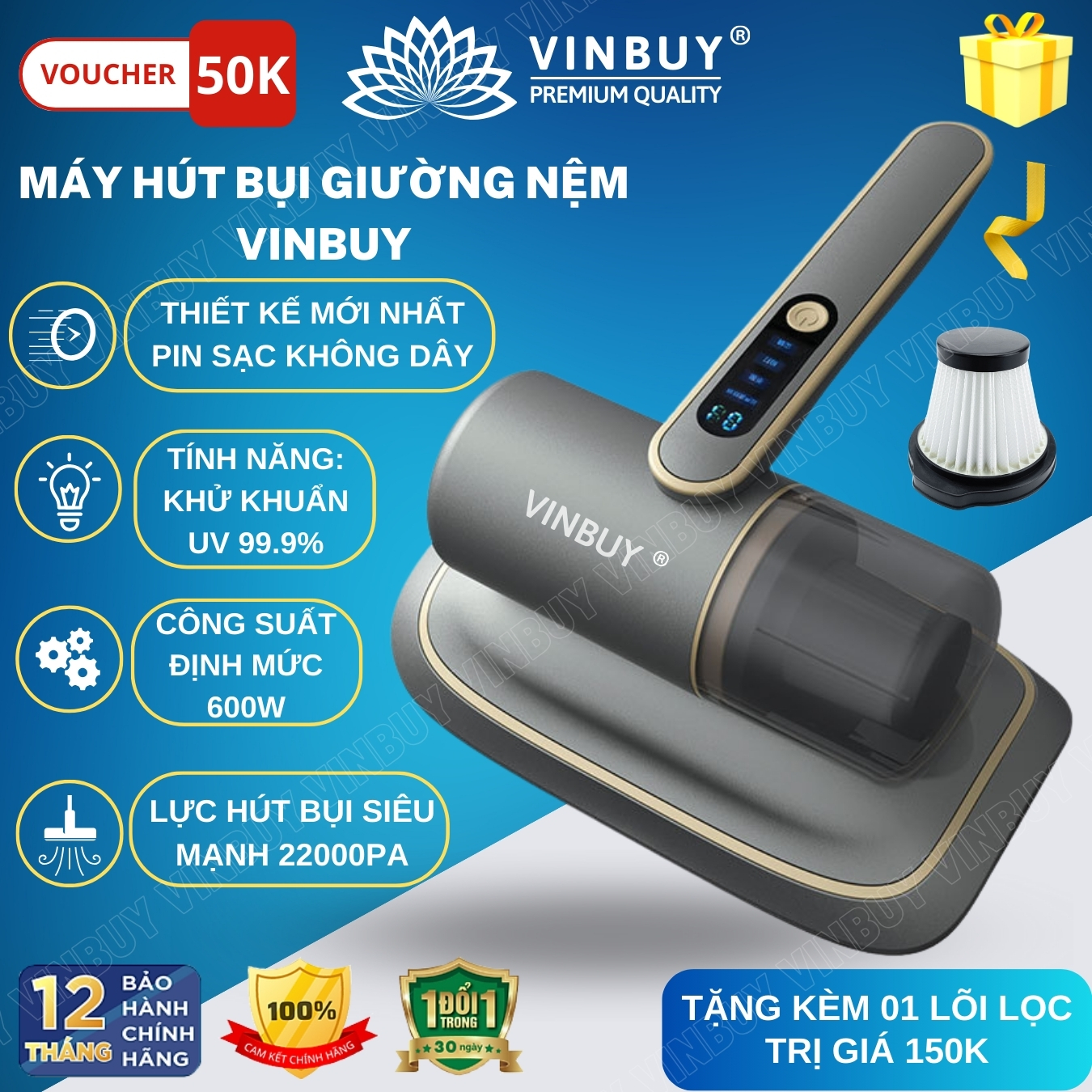 Máy hút bụi giường nệm cầm tay pin sạc không dây, diệt khuẩn đa tầng thế hệ mới lực hút mạnh 22000PA - Hàng chính hãng VINBUY