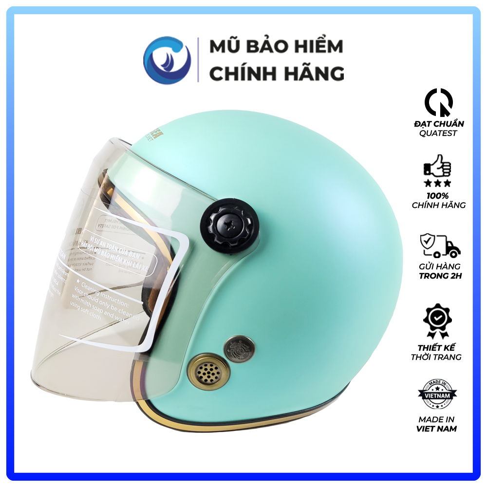 Mũ Bảo Hiểm 3/4 Blue Sea - Màu Xanh Ngọc - Sơn Bóng Có Kính Chắn Gió Cao Cấp