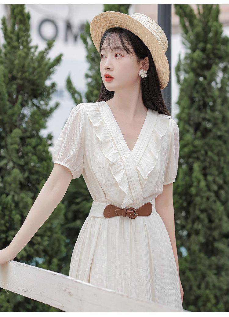 DONGSHOP Mùa hè ngắn tay áo v cổ đầm phụ nữ mùa hè ăn mặc 2023 Pháp hiển thị gầy eo đầm dài