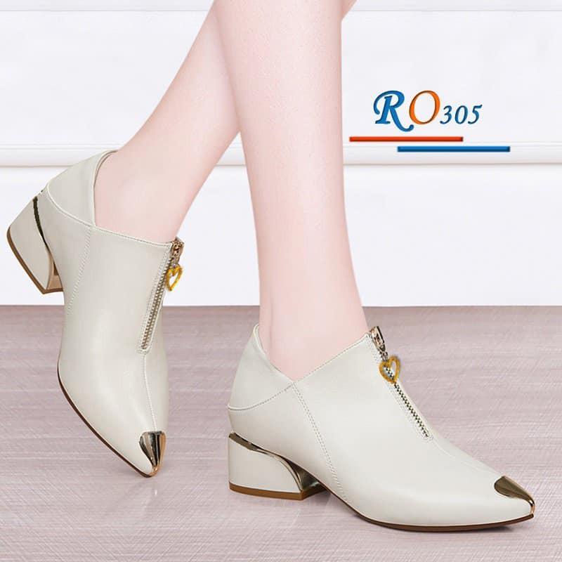 Boot thời trang nữ khóa kéo trước cao cấp ROSATA RO305 4p gót trụ - Đen, Kem - HÀNG VIỆT NAM - BKSTORE