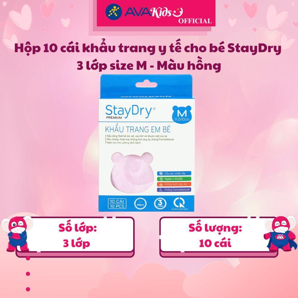 Hộp 10 cái khẩu trang y tế cho bé StayDry 3 lớp size M - Màu hồng