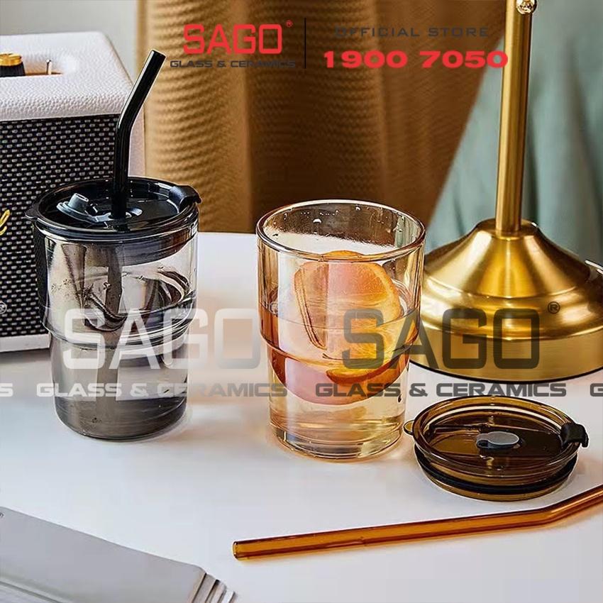 Ly Thủy Tinh Hai Tầng INS Water Cup 400ml Có Nắp | Tùy Chọn Có Bao Da và Óng Hút Thủy Tinh