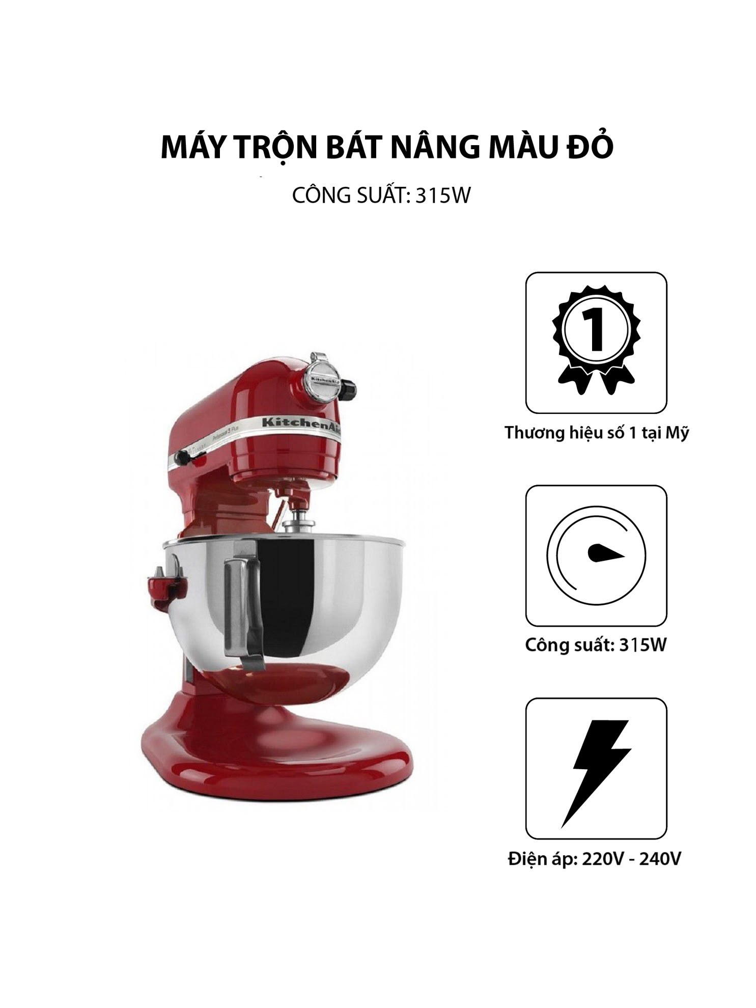 Máy Trộn bột Bát Nâng Công Suất Lớn KitchenAid 5KPM5EER Heavy Duty 220V Màu Đỏ Hàng chính hãng