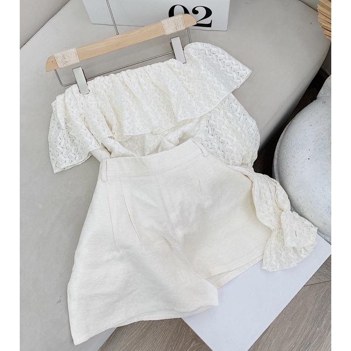 SET ÁO TRẮNG LỆCH VAI REN + SHORT