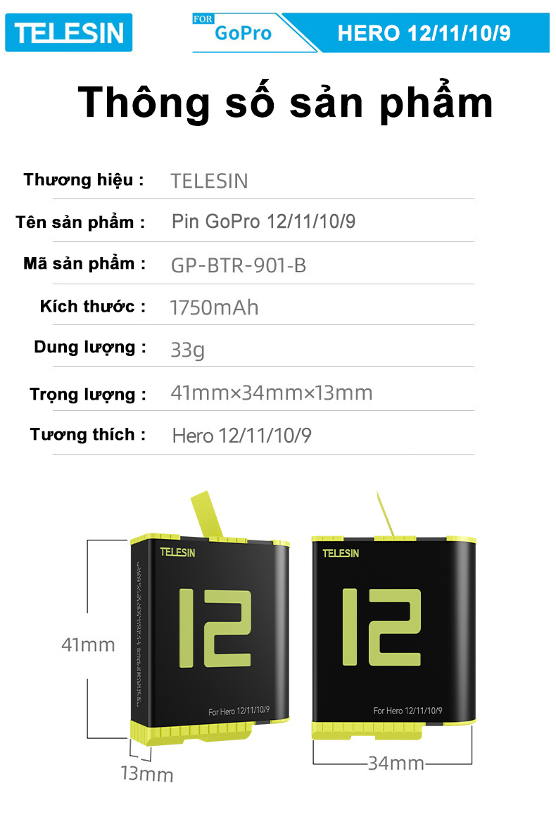 Pin TELESIN mẫu mới MÀU VÀNG dùng cho camera hành động GOPRO HERO 9/10/11/12