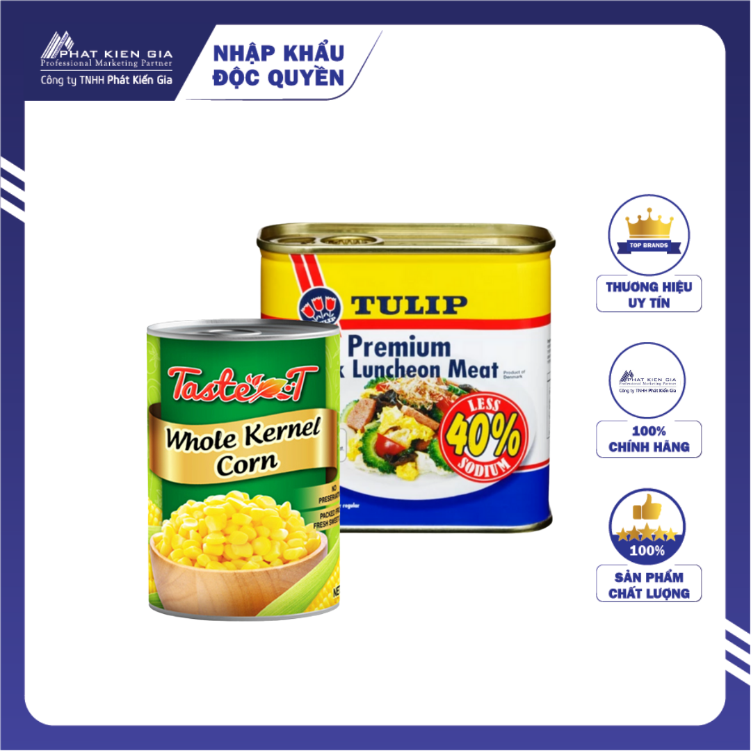 COMBO 1 Hộp Thịt Heo Hộp Tulip 40% Giảm Mặn 340g + 1 Hộp Bắp Hạt Đóng Hộp Taste-T 420g