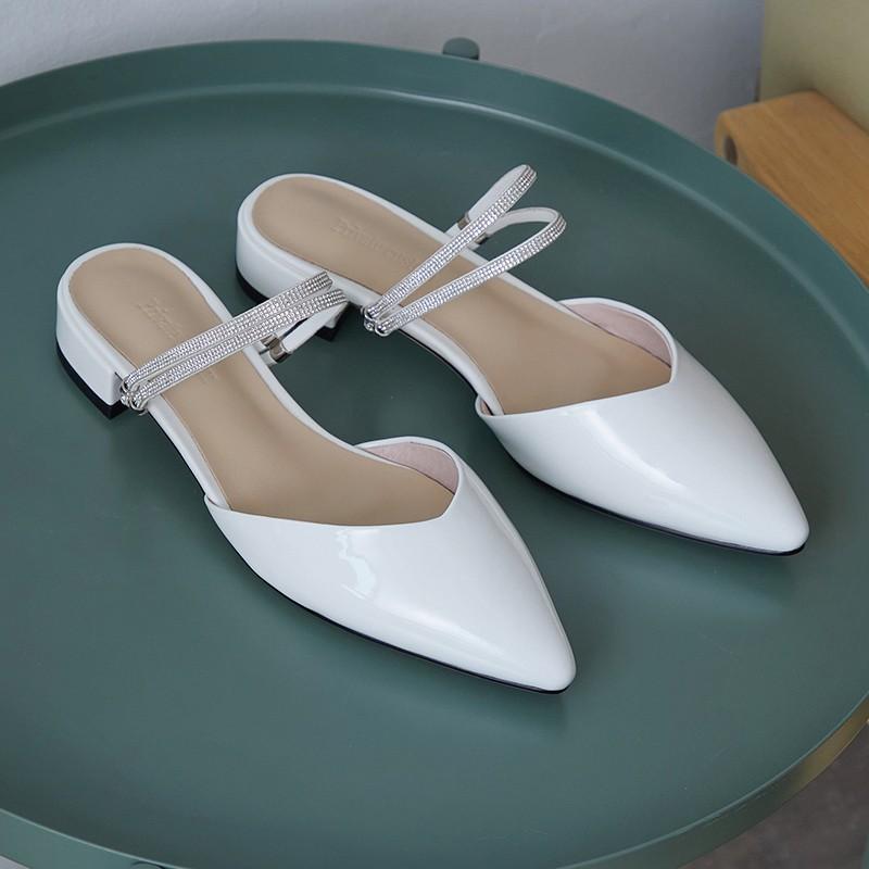 Giày cao gót thời trang mũi nhọn phối dây hở gót cao 2cm màu kem hồng size lớn 40 41 42 43 44