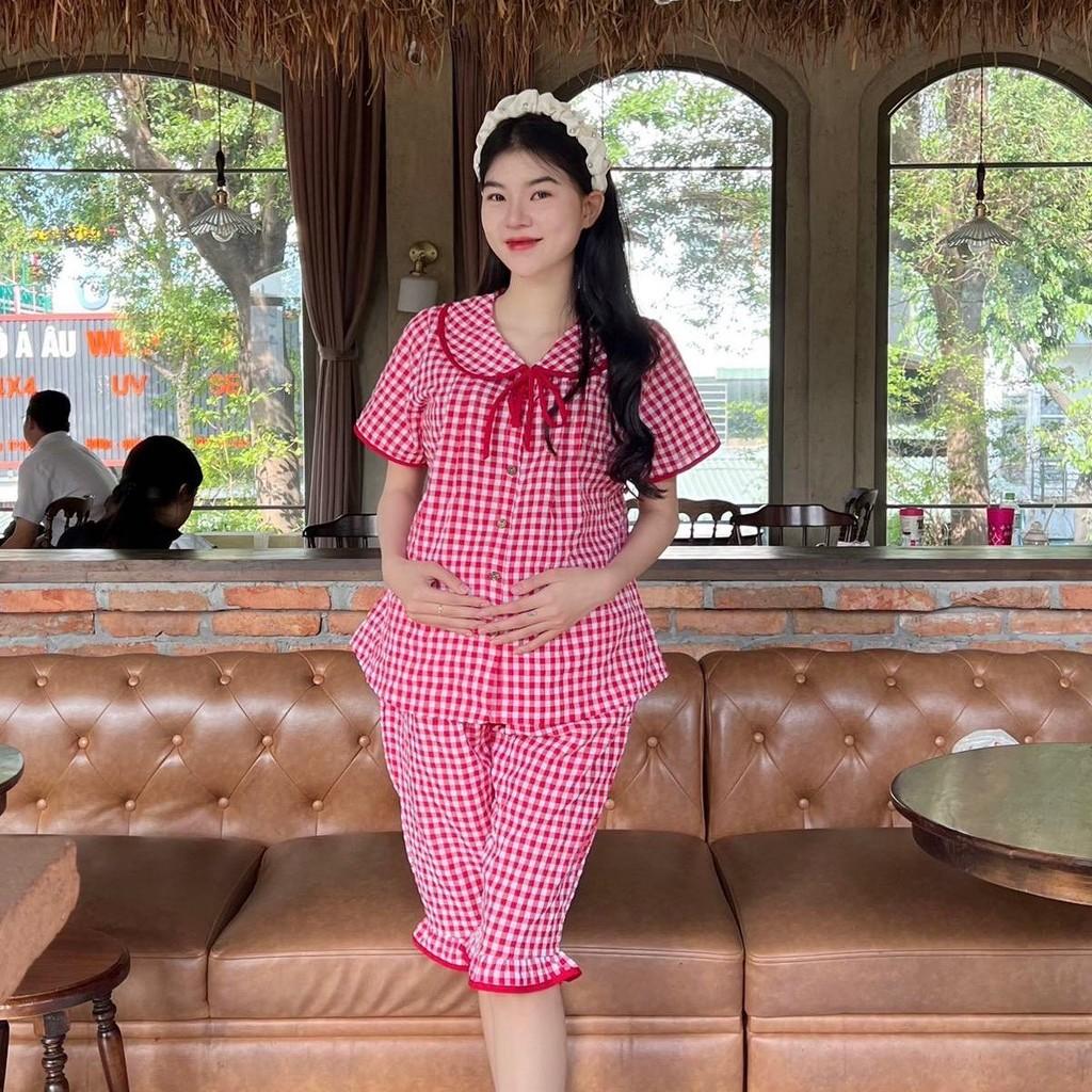 Bộ Đồ Bầu Lửng Karo Mẫu Mới Mùa Hè 2025 Mặc Nhà Chất Cotton Hàn Nhẹ Mát Có Chun Điều Chỉnh - Đỏ