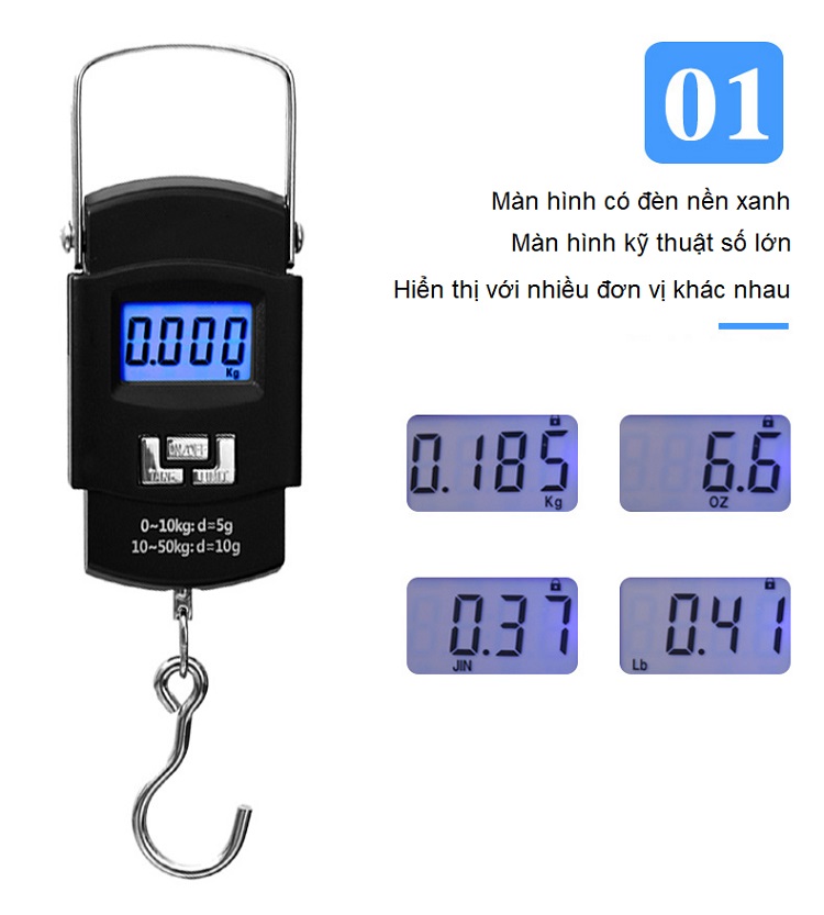 Cân điện tử màn hình kỹ thuật số LCD tải trọng 50kg/5g có móc treo (Tặng kèm miếng thép 11in1)