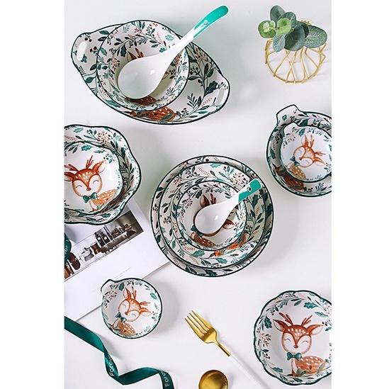 Bộ bát đĩa khay sứ cao cấp Nai decor trang trí bàn ăn phong cách Nhật Bản