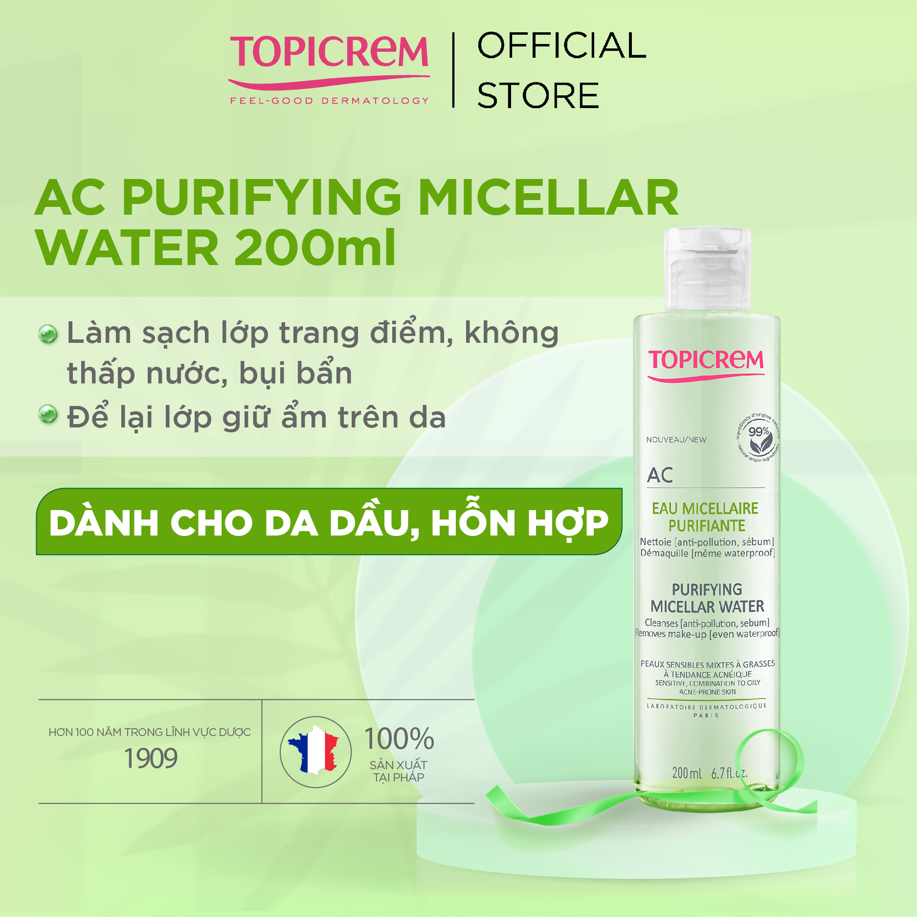 Nước tẩy trang dành cho da dầu mụn TOPICREM AC PURIFYING MICELLAR WATER 200ml