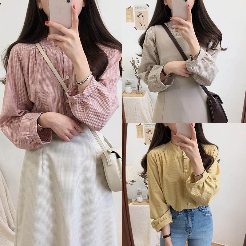 Áo sơ mi caro cổ tròn tay phồng thời trang Hàn Quốc cho nữ