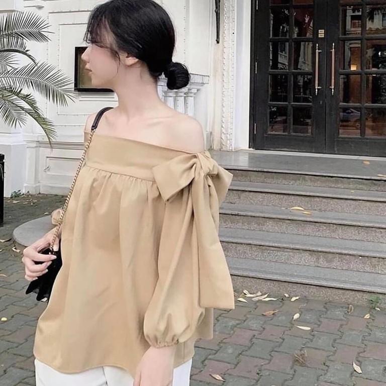 Áo kiểu nữ trễ vai đẹp tay ngắn buộc nơ Madela Chuẩn style Hàn Quốc, Áo babydoll bánh bèo dễ thương, Áo bẹt vai ngắn tay thắt nơ vai baby -AK03