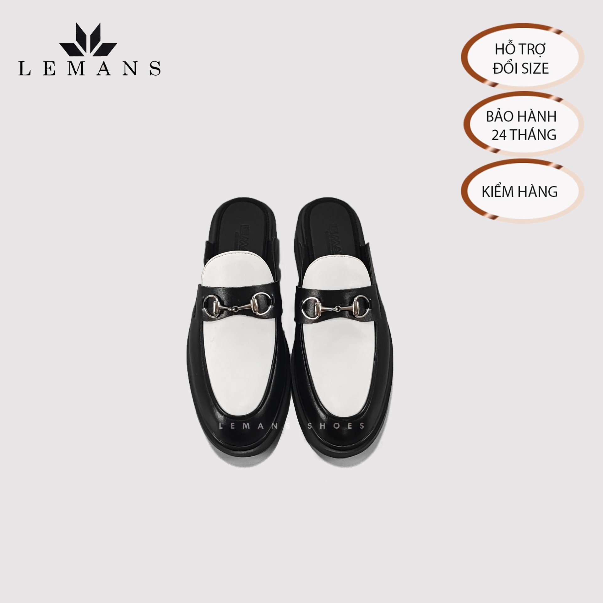 Giày Sục LEMANS Mules Loafer - Black White. Da bò nguyên tấm nhập khẩu. Đế khuôn độc quyền tăng cao 4cm. Bảo hành 24 tháng