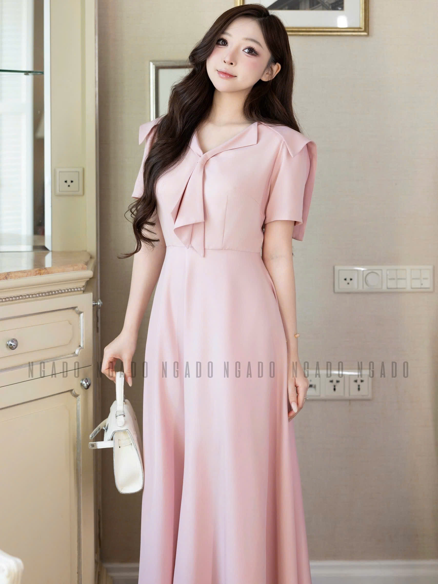 Đầm hồng cổ thủy thủ NGADO , đầm xòe , đầm dáng dài , đầm công sở