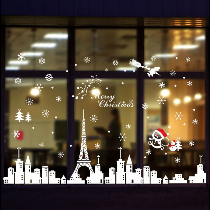 Decal Dán Kính Trang Trí Noel YJ6 Decal Giáng Sinh Decal Noel Bông Hoa Tuyết Ông Già Noel Phố Đêm Paris