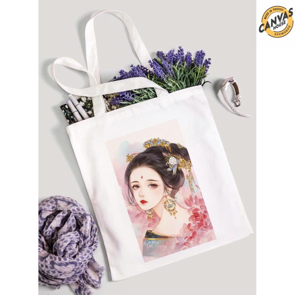 TÚI TOTE VUÔNG VẢI CANVAS ĐEO VAI CÔ GÁI CỔ TRANG