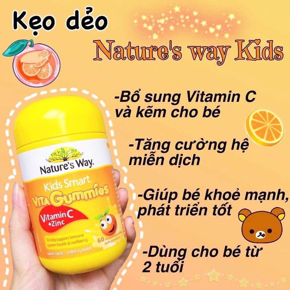 Kẹo dẻo bổ sung vitamin C cho bé - Gum Nature's Way Kids Smart Vita Gummies Vitamin C + Zinc 60 viên