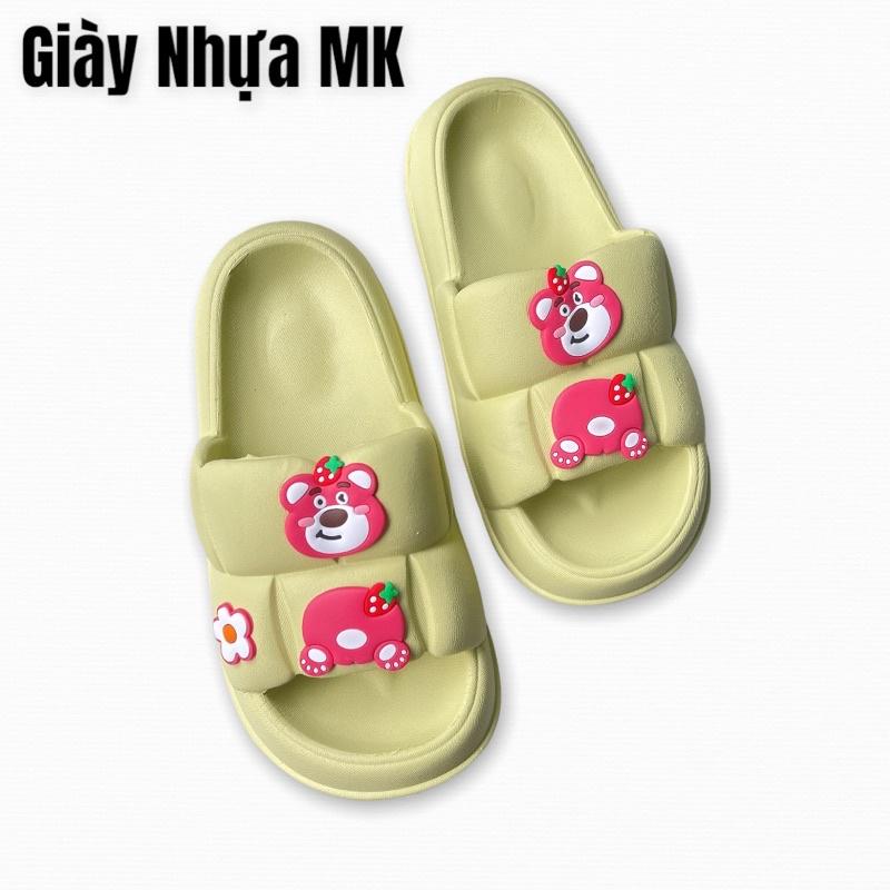 Dép bánh mì nữ quai ngang ô vuông đính sticker gấu hồng siêu cute mang êm chân mềm mại siêu bền - DL160