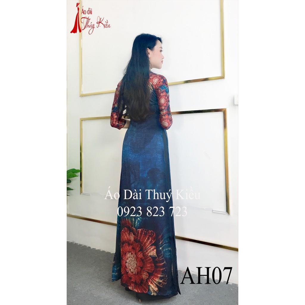 Áo dài Đông Hưng nền xanh tím than in hoa đỏ AH07