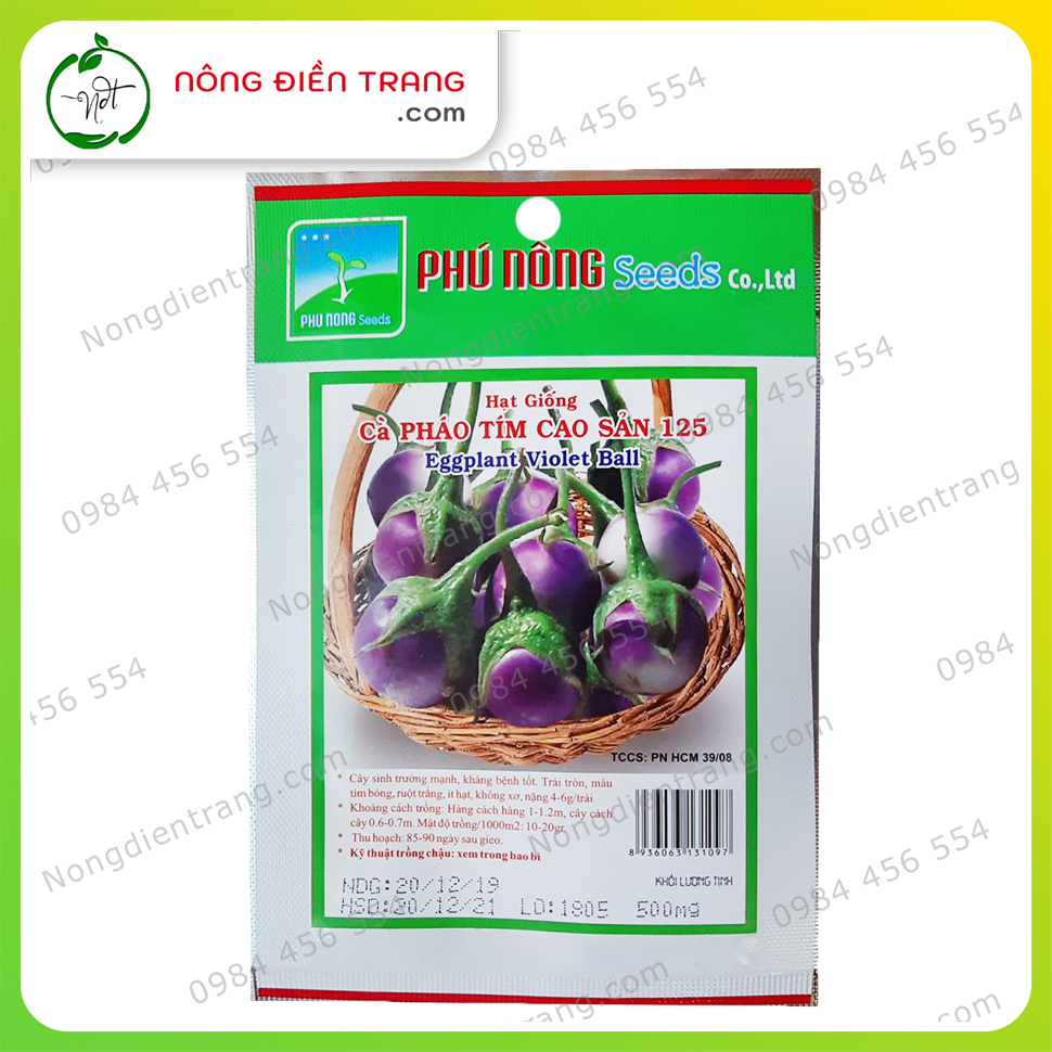 Hạt Giống Cà Pháo Tím Cao Sản Phú Nông - Gói 0.5g - Sinh Trưởng Mạnh, Kháng Bệnh Tốt, Sai Trái VTNN Nông Điền Trang