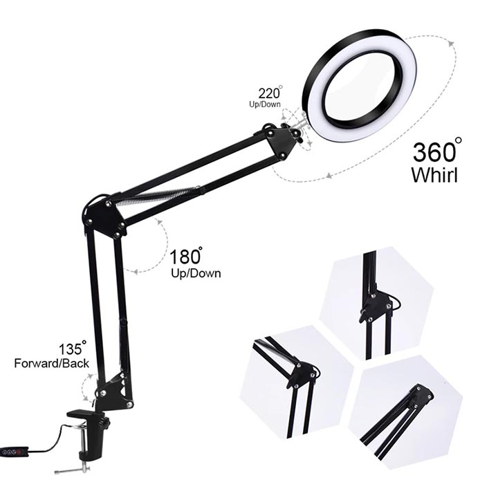 Kính lúp kẹp bàn 10x có đèn led chiếu sáng cắm cổng usb 5v