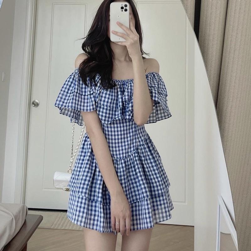 Đầm Bẹt Vai Caro Xanh Bèo Váy Xoè Tầng Siêu Xinh