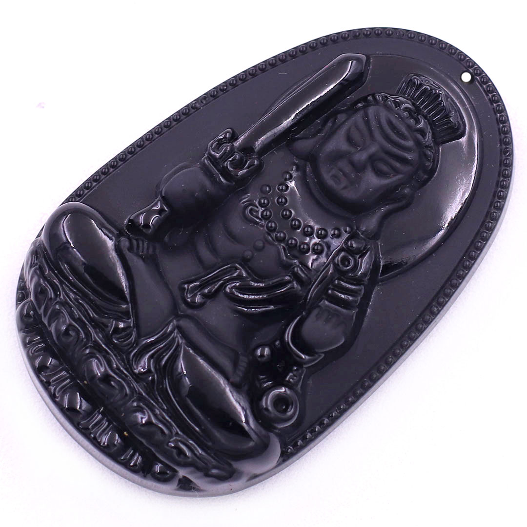 Mặt Phật Bất động minh vương đá thạch anh đen 3.6 cm kèm vòng cổ dây cao su đen - mặt dây chuyền size M, Mặt Phật bản mệnh